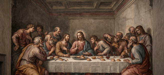 Renaissance fresco of Jesus and his twelve apostles during The Last Supper.