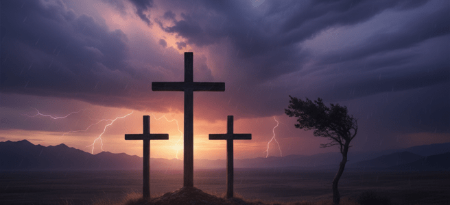 Three wooden crosses silhouetted on a hill against a stormy sky with lightning at sunset.