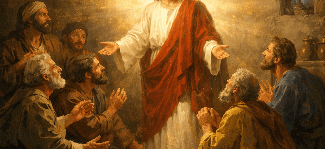 Jesus with radiant light blessing a group of disciples kneeling and listening