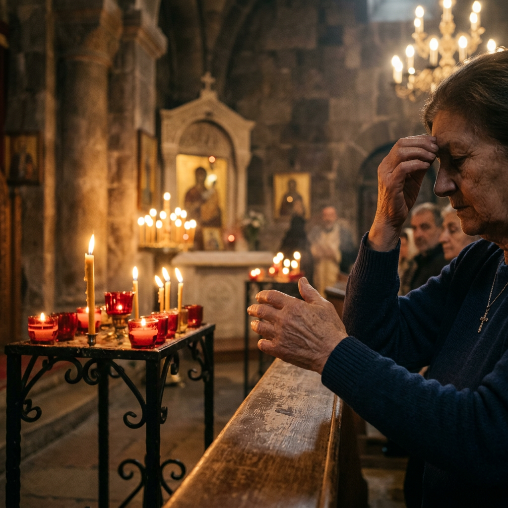 Elderly woman making the sign of the cross in prayer inside a candle-lit historic church