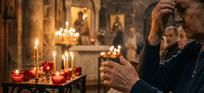 Elderly woman making the sign of the cross in prayer inside a candle-lit historic church