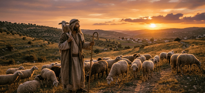 Shepherd holding a staff and carrying a lamb on his shoulders surrounded by grazing sheep at sunset