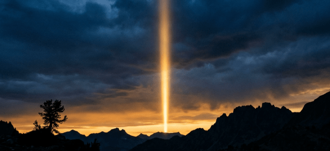 Vertical beam of light shining upward behind mountain range at sunset over a lake