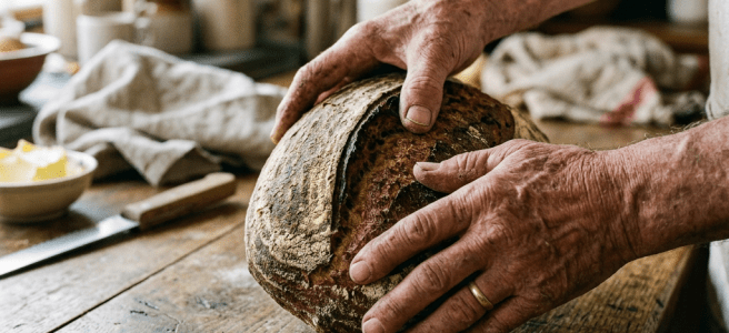 Two hands holding a round loaf of rustic bread on a wooden kitchen table