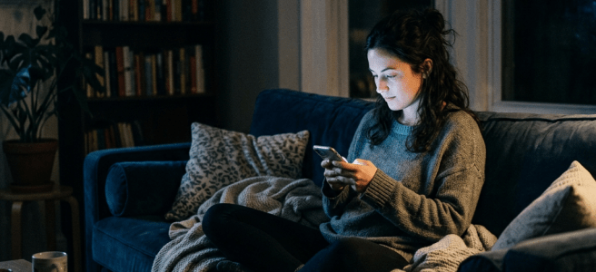 Woman sitting cross-legged on a sofa using a smartphone in a dimly lit room