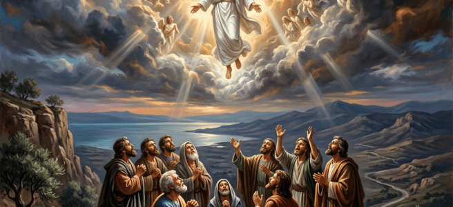 Jesus ascending to heaven with angels and disciples looking up
