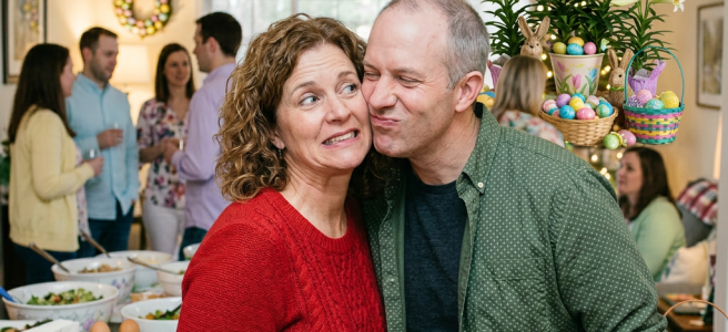 Man leaning in to kiss woman who looks surprised at holiday party