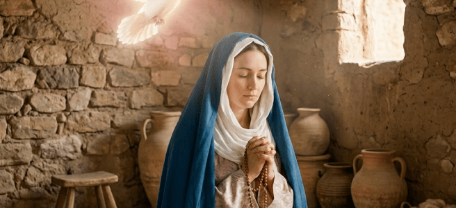 Woman in blue veil praying with rosary in chapel and glowing dove flying