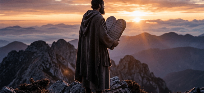 Man in ancient robes holding stone tablets standing on rocky mountain at sunrise