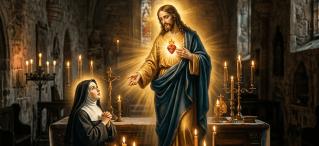 Nun kneeling and praying before Jesus with a glowing Sacred Heart in a dimly lit stone chapel with candles