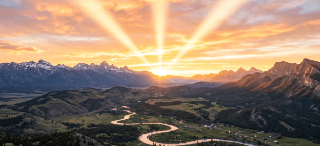 Hiker standing on rocky hill overlooking a winding river valley at sunset with sun rays