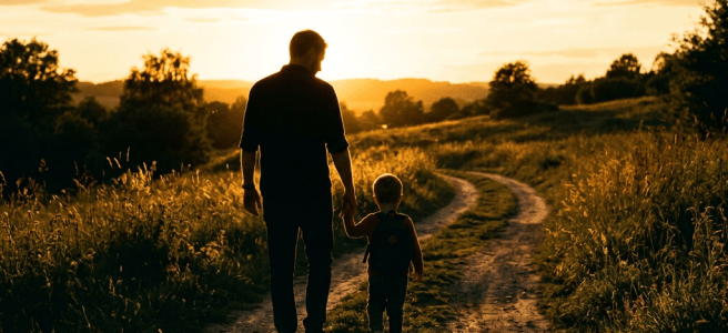 Father holding young son's hand walking on a dirt path at sunset