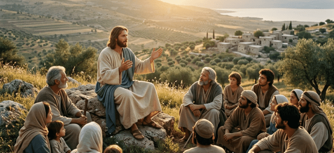 Jesus teaching a group of disciples seated on rocks in a grassy outdoor landscape at sunset
