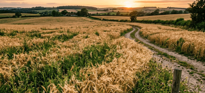 Wheat field with dirt path at sunset under colorful sky