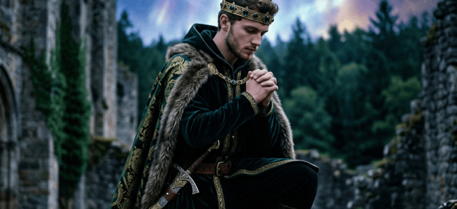 Medieval king kneeling in prayer wearing a crown and fur-lined cloak with a sword, ancient stone ruins and colorful aurora in the background