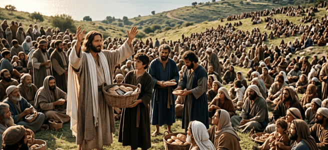 Jesus blessing and distributing loaves to a large crowd by the lakeside