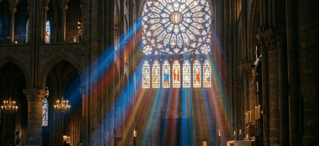 Sunlight beams refracted in rainbow colors through a circular stained glass window inside a cathedral, illuminating the floor and benches