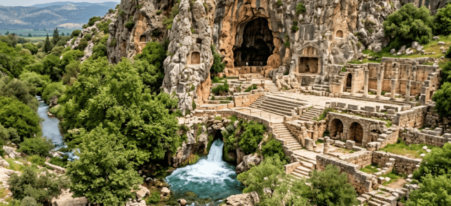 Rock-cut sanctuary with ancient ruins, waterfall, stream, and surrounding greenery