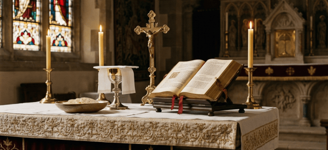 Catholic church altar with open book, crucifix, candles, and communion vessels