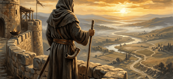 Hooded guardian overlooking a winding valley from a medieval fortress