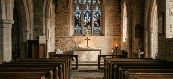 Stone chapel interior with wooden pews, altar, candles, and stained-glass window