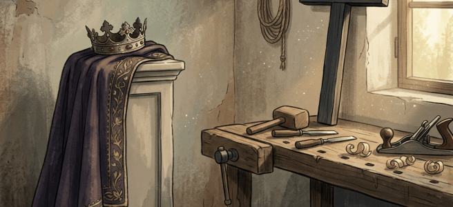 Crown and cloak displayed beside a carpenter’s workbench