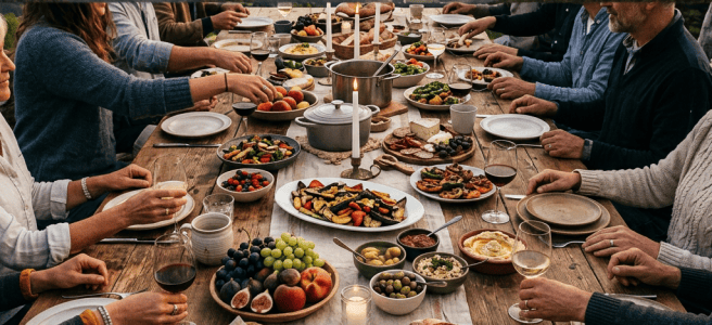 Friends sharing an abundant meal at a long table with Alpine mountains behind them