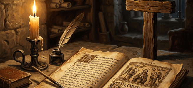 Aged manuscript, wooden cross, and candlelight